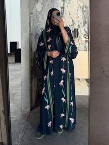 2pcs Modest Printed Cardigan & Headscarf Set, Middle Eastern Dubai Style Abaya Wedding Black Spring - Black - View 5