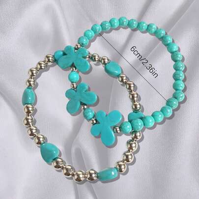 سوار مطاطي بخرز قلب وفيروزي بطراز بوهيمي رجعي، مناسب للنساء والأزواج للارتداء اليومي، قطعتان