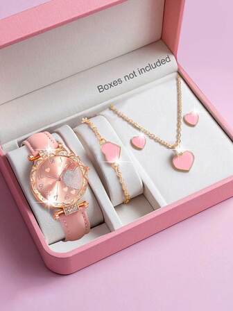 女士手表 1 套时尚表盘石英表和心形、项链、耳环、手链套装非常适合日常佩戴、生日礼物、派对、节日聚会，也是送给自己或朋友的理想礼物（不含盒子）
