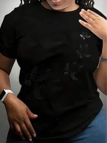 [Plus Size Women's T-Shirt] Soft & Breathable Plus Size Women's T-Shirt Casual Crew Neck With Turtle Print, Short Sleeve, Lightweight & Comfortable For Casual Attire - Black - View 1