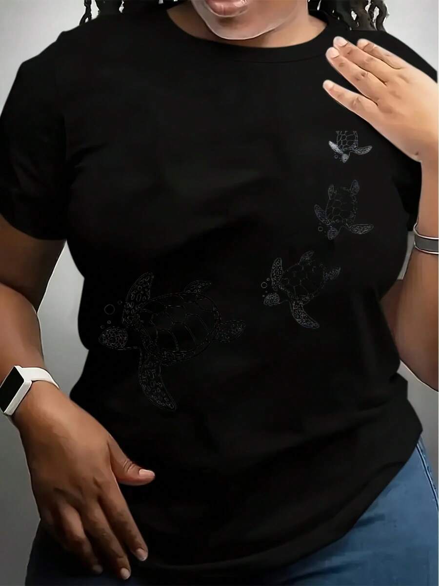 [Plus Size Women's T-Shirt] Soft & Breathable Plus Size Women's T-Shirt Casual Crew Neck With Turtle Print, Short Sleeve, Lightweight & Comfortable For Casual Attire - Black - View 1