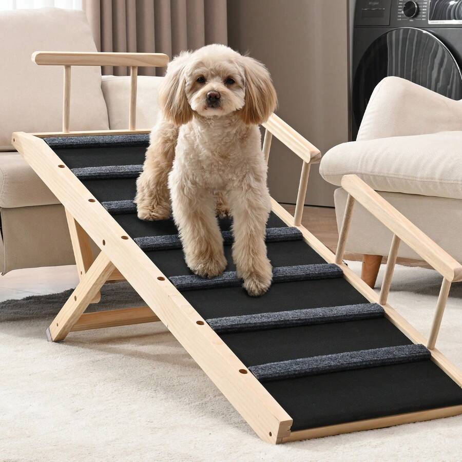 Dog Ramp, Folding Pet Ramp For Bed, Adjustable Dog Ramp For Small, Large, Old Dogs & Cats, Wooden Pet Ramp With 47.2" Long Ramp, Adjustable From 13.8" To 27.6", Suitable For Couch, Sofa, Car - 黑色 - 查看 1