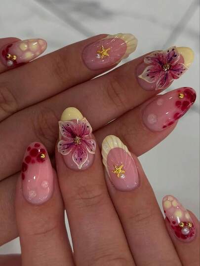 24 pièces/set Stickers d'art pour ongles en forme d'amande française avec motifs floraux 3D et à pois, avec colle et lime à ongles. Aspect romantique et doux pour un port quotidien et les sorties. Fournitures pour ongles