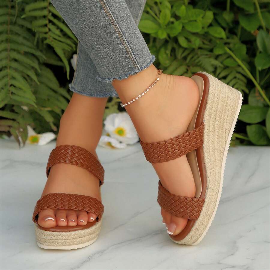 Womens High Heel Open Toe Wedge Sandals Slip On Comfortable Espadrilles Braided Straps Dressy Summer - 棕色 - 查看 1
