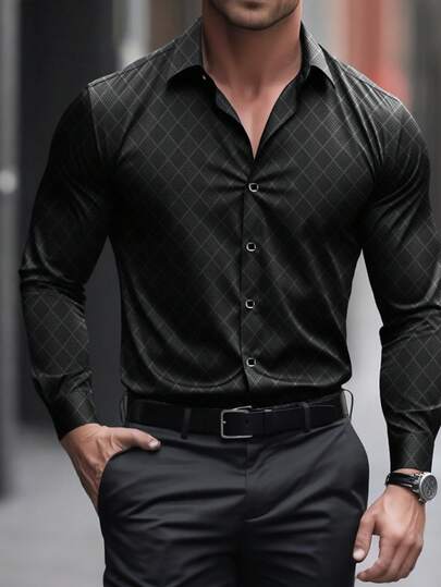 Men's Fashion Business Formal Dress Shirt - Subtle Diamond Pattern, Textured Fabric, Slim Fit, Polyester Material, All-Season, Knitted, 120g/㎡ Fabric Weight, Slightly Stretchy, Spread Collar, Quick-Dry & Wrinkle-Resistant, Suitable For Casual Gatherings, Visiting Friends & Family, Adult Size