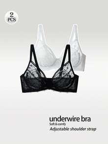 2 件黑白蕾丝文胸，超薄无钢圈软杯性感透气内衣 - 彩色 - 查看 7