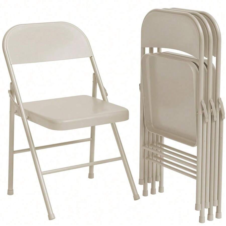Sillas plegables de acero resistentes (paquete de 2 o 4 unidades, 159 kg) - Sillas de metal para interior y exterior con patas antideslizantes y asiento impermeable - Sillas apilables portátiles para fiestas, bodas, eventos y camping - Paquete de 4 beige - Ver 1