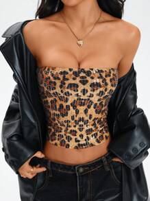Top de camisola con estampado de leopardo y lentejuelas vintage para mujer