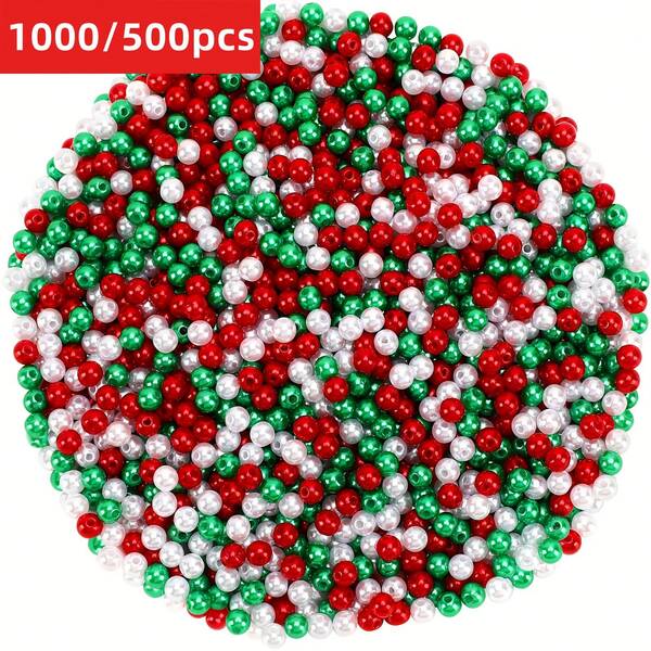 Contas de Natal de 6 mm, 1000/500 peças, vermelhas, verdes e brancas, circulares, de 6 mm, para fazer joias, decoração de festa de Natal, colar, pulseira, brincos, contas de cabelo, kit de decoração faça você mesmo