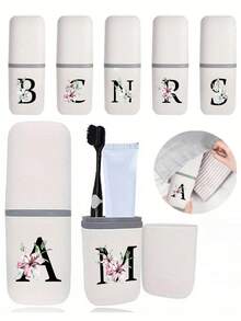 1pc Rose Red Glitter Letters A-Z Portable Toothbrush Case, Keep Your Toothbrush Clean And On The Go!Travel Toothbrush Holder, Portable Toothbrush Cup Cover,Suitable For Travel, Camping, Business Travel, And School, Multi-Purpose Toothbrush Cup, Travel Wash Cup, Toothbrush And Toiletries Storage Kit, Minimalist Toiletries Storage Box, Travel Essentials, Bathroom Accessories, Household Items, And Storage Supplies(Excluding Q/U/X)