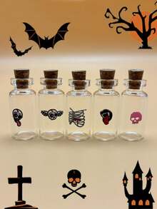 10/20pcs Mini Halloween Decoration Glass Wishing Bottles With Skull, Bat, Cork Stopper, DIY Craft, Wedding Gift, Wish Bottle, Halloween Party Favor, Random Assorted