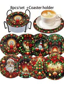 8/6 Pcs Christmas Themed Round Wooden Coasters, Suitable For Beverages, Tea And Coffee Cups, Featuring Simple Santa Claus Patterns, Great For Home And Restaurant Decoration, Essential Holiday Gift Home Decor Christmas Decorations Room Decor - Multicolor - View 17