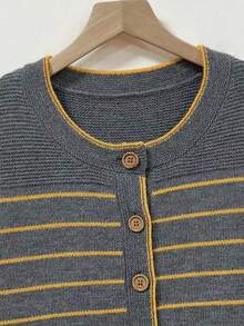 Plus Size 2026 New Striped Knit Cardigan, Long Sleeve Wooden Button Front Sweater Jacket, Casual Loose Fit Top, Suitable For Autumn/Winter Daily Wear - Dark Grey - View 6