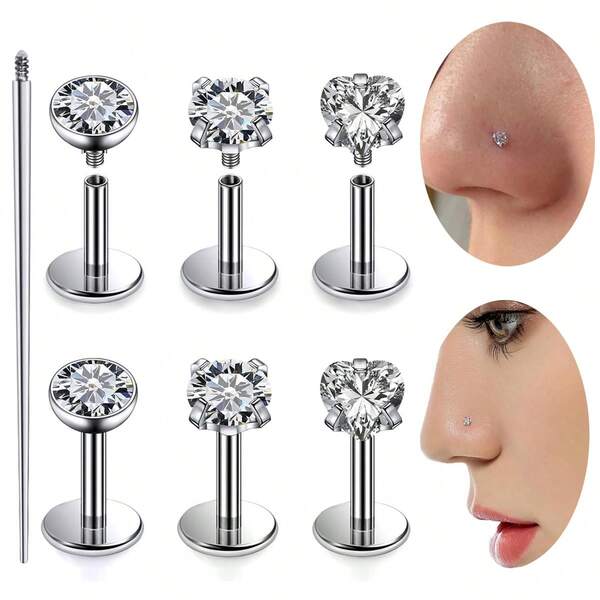 7 piezas Juego de 16G Anillos de nariz de espalda plana Pendientes de cartílago Pendientes de oreja Pendientes de perforación Joyas hipoalergénicas con tornillo para mujeres y hombres Barras de 8 mm