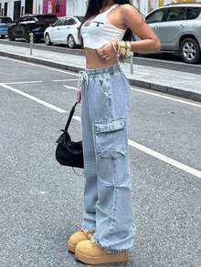 Women's Loose Casual Drawstring Waist Cargo Denim Pants - Rửa nhẹ - Xem 3