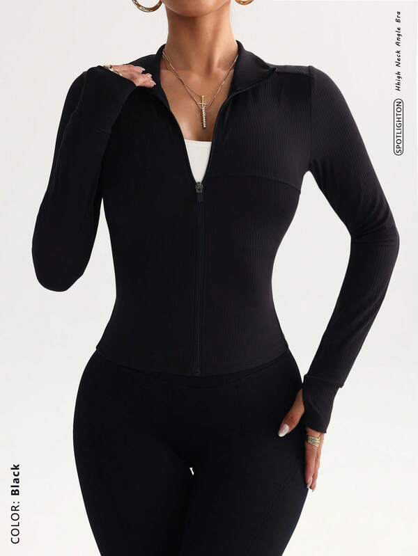 FWH Convertible High-Neck/Collar For Adjustable Coverage, Performance Tailoring, All-Day Mobility, Multi-Sport Ready, Gym/Outdoor/Yoga Versatile Wear, Athletic Chic, Convertible Style, Performance Fashion, Thumbhole Training Top, Slim-Fit Zip-Up Yoga Coat With Thumbholes, Women's Convertible High-Neck Training Jacket