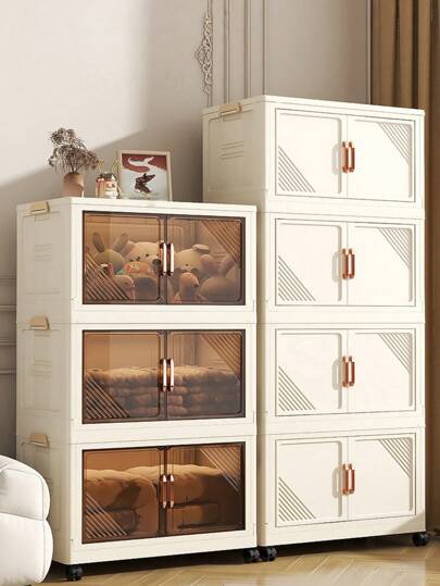 1/2/5层可折叠储物柜带垃圾桶，带门塑料储物箱，大容量可堆叠，卧室、客厅和厨房的家用收纳盒，易于组装，节省空间的设计