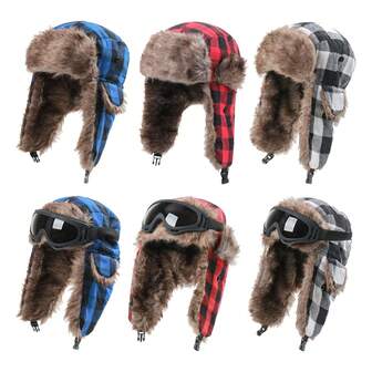 秋冬新款格子飞行员帽，户外防风滑雪帽带护耳，保暖内衬飞行员帽带护目镜
