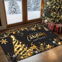 Paillasson thème noir et or de Noël avec design d'arbre de Noël et couronne de renne - résistant à la saleté, léger, convient pour la salle de bain, le salon, la chambre, la cuisine, le bureau - décoration de Noël