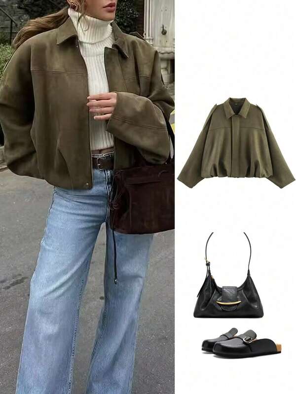 Women's Fashion Versatile Velvet Feel Turndown Collar Casual Bomber Jacket, Autumn/Winter