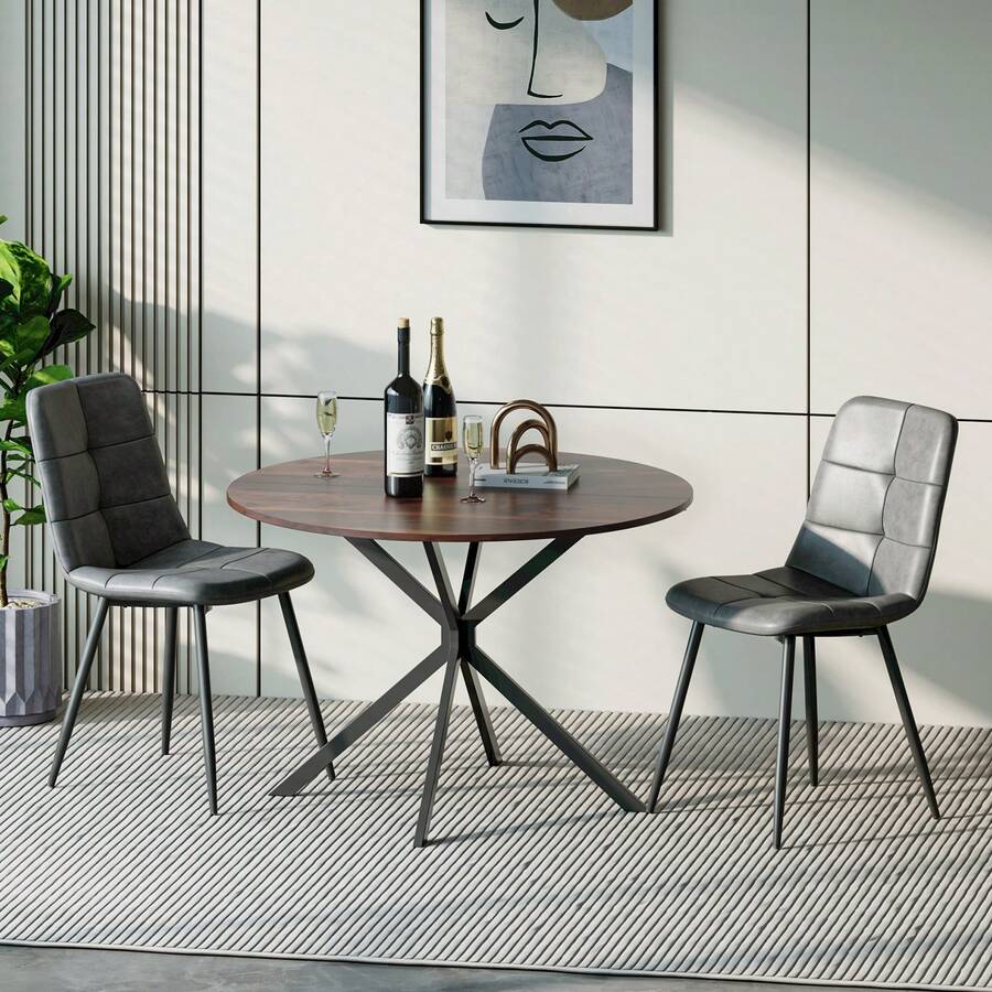 Dining Table And Chairs Set Of 2, Brown Folding Round Dining Table With 2 Grey PU Leather Chairs For Dining Room, Kitchen, Living Room