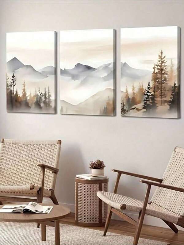 A Set Of 3-Frame Neutral Mountain Oil Painting Art Prints, Featuring Forest Landscapes And Modern Abstract Watercolor Designs, Decorates The Living Room And Bedroom With Framed Paintings And Pure Canvases