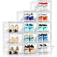 1 pieza/3 piezas/6 piezas Caja apilable grande de plástico duro acrílico transparente con apertura frontal - Fácil instalación, ahorro de espacio, perfecta para armarios, zapatos deportivos, almacenamiento de oficina, la solución definitiva para el almacenamiento de zapatos.
