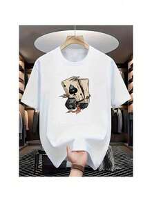 Schwarzes Baumwoll-T-Shirt mit kurzen Ärmeln und aufwendigem Totenkopf- und Maschinenmotiv – ideal für Teenager. Rundhalsausschnitt, Kurzarm, modisches Sommer-T-Shirt. - Weiss - Übersicht 1