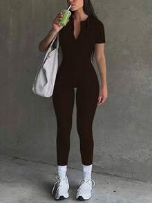 Mono corto de manga corta, ajustado, con cremallera delantera y espalda de tirantes, de estilo deportivo casual para mujeres