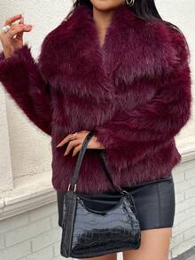 DEEKA Autumn/Winter New Thickened Faux Fox Fur Collar Faux Fur Jacket, YoungElegantt Mid-Length Artificial Fur Coat - Burgundy - View 6