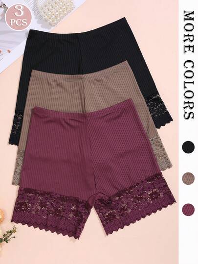 3 قطع من السراويل النسائية متعددة الألوان ذات الخصر المنخفض، سراويل داخلية مزينة بالدانتيل المموج الأنيق