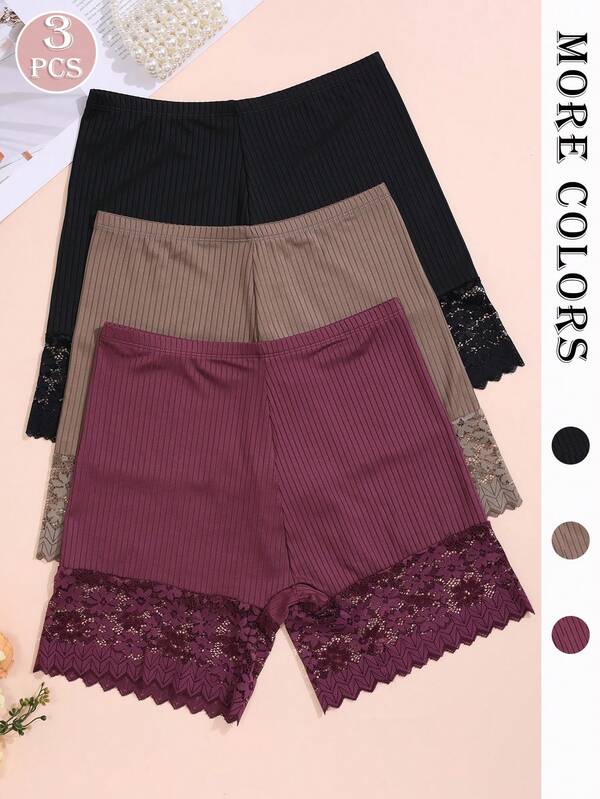 3pcs Women's Multicolor Hipster Panties, Elegant Elastic Wavy Lace Patchwork Briefs