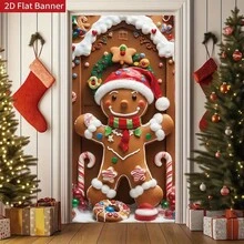 2D Door Banner, 1pc, Christmas Gingerbread For Man Cookie Candy Door Banner, Family And Kitchen Decorative Curtain Flag, Wall Window Hanging Ornament, Party Carnival Decoration Banner, Durable Polyester Material, 70.8x35.4 Inches, Indoor/Outdoor Use