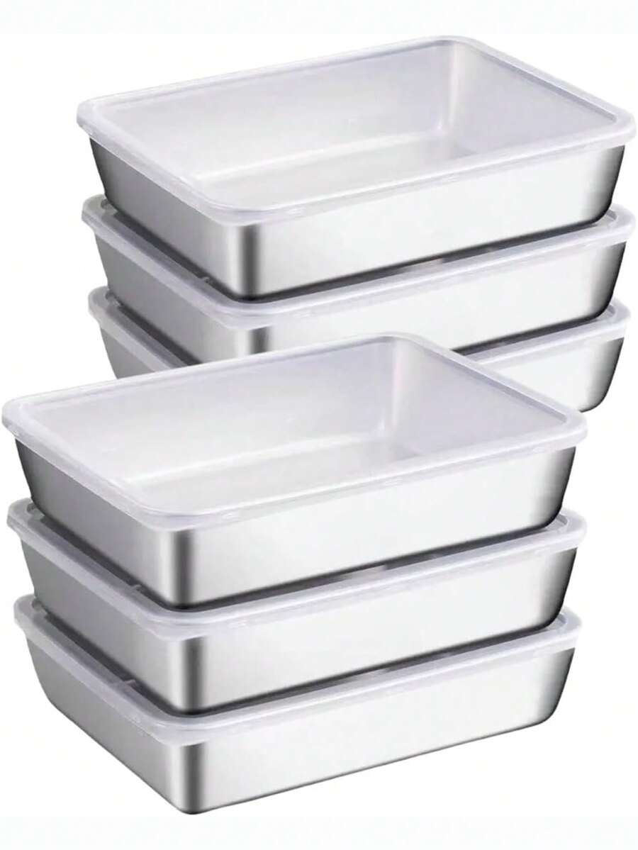 1pc/6pcs Large Rectangular Stainless Steel Food Storage Container With Leak Proof Lid, Stackable, Reusable, Transparent Lid, Hand Wash, Multi-Purpose Food Storage Box, Kitchen Storage Container, Suitable For Home And Outdoor Use, Home Decoration Storage, Christmas, Thanksgiving, Halloween