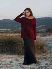 Einfarbiges, lässiges, geripptes Rundhalsausschnitt, elegantes Langarmkleid - Bordeaux - Übersicht 2