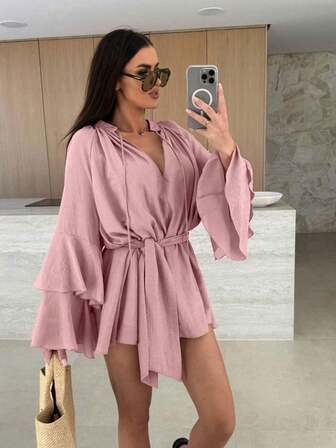 时尚纯色V领不对称系带长袖宽松迷你连衣裙