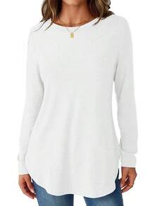 NORACORA Womens Long Sleeve Shirts Loose Tunic Tops Round Neck Lightweight Side Split Casual 2025 Basic Tshirts Blouse Halloween Christmas New Year