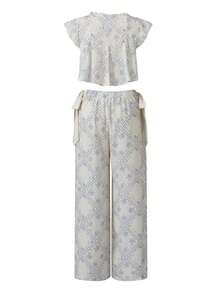Women 2 Piece Pajamas Set Floral Print Tie Front Fly Sleeves Shirt And Elastic Pants For Loungewear Soft Sleepwear - Màu xanh nhạt - Xem 6