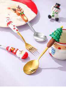 1 set de vaisselle pour fête de Noël, set de cuillère et fourchette en acier inoxydable avec personnages de Noël, 4 pièces de cuillère et fourchette à fruits en acier inoxydable créatives