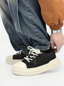 Wide Fit Men's Casual Sports Shoes Lace-Up Thick Sole Durable Sneakers, Fashion Solid Color Classics Versatile Trainers, Suitable For All Seasons