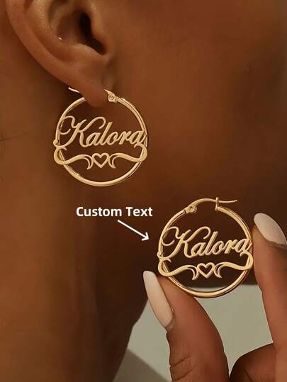 1pc Customized Heart-Shaped Name Earrings, Women's Stainless Steel Fashion Jewelry, Minimalist And Elegant, Suitable For Daily Wear, Thanksgiving, Christmas, Halloween And Other Occasions, Gold, Fashionable, Colorful, Retro, Suitable For Anniversary, Birthday And Other Occasions