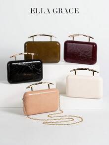 ELLA GRCE 风格勃艮第漆皮手拿包，配有雕刻金色手柄，适合参加高级活动或派对 - 酒紅色 - 查看 3