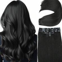 Przedłużki do włosów na klipsy z naturalnych włosów, 18 cali, 100% Remy, dla kobiet, niewidoczne, proste, bezszwowe, 8 szt., podwójna osnowa #1B