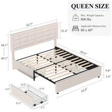 VECELO Queen Size Upholstered Bed With 4 Storage Drawers,  Bed Frame With Adjustable Tufted Button Headboard , Bed Frame With USB Charge Station