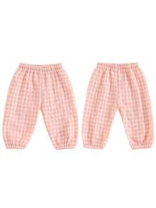 Pantalones largos a cuadros para niños y niñas pequeños con cintura elástica, adorables y casuales. - Naranja - Ver 2
