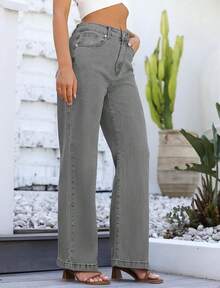 Jeans High Waisted Straight Leg Loose Jeanshalloween - Abu-abu - View 10