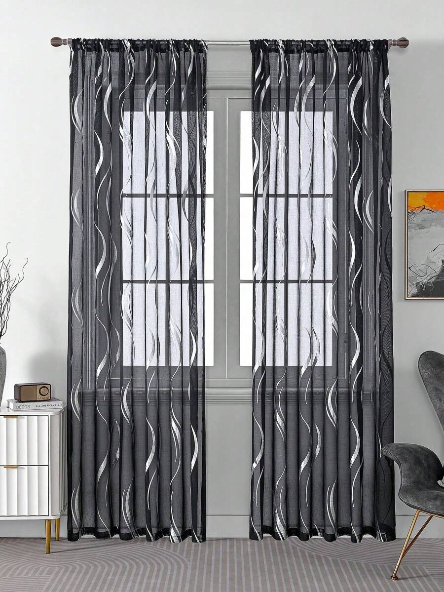 1pc Modern Metal Wave Pattern Single-Sided Black & Gold Sheer Curtain - Black - View 1
