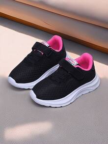1 par de zapatos casuales con malla transpirable y cierre de gancho y bucle para niñas, color rosa rojo, estilo deportivo y casual - Rosa Fucsia - Ver 2