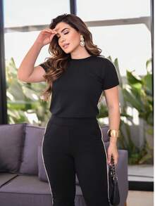 Women's 2-Piece Set Casual Elegant Pleated Blouse Pants Knit Sweatpants Comfortable With Vertical Stripes Colors Fashion Spring Summer 2025 Women's Clothing - 黑色/運動衫 - 查看 7