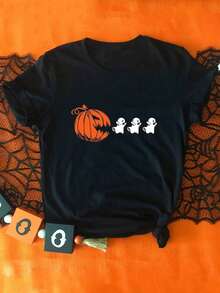 Camiseta de Mujer de Cuello Redondo y Mangas Cortas DiseñoCalabaza comiendo Fantasmas incluye algodón - Negro - Ver 1